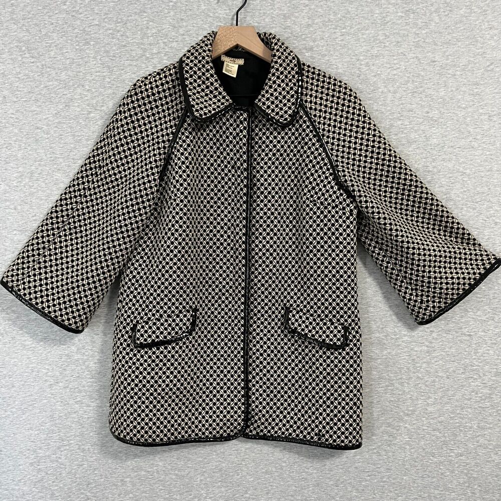 Nubby Coat Jacket Womens Medium Black White Tweed Y2K Patent Leather Trim Modern